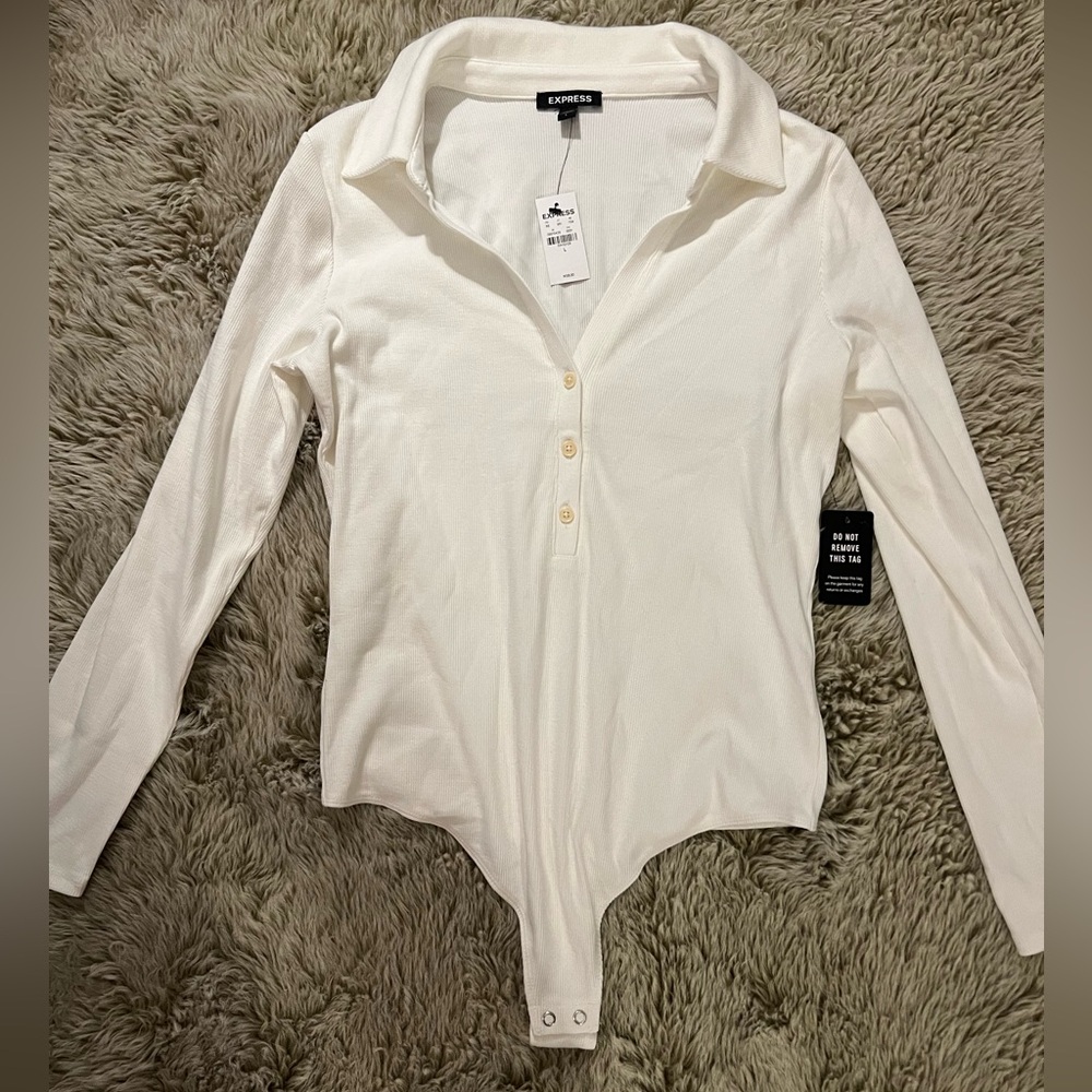 Express White Fitted Bodysuit with Notched Collar